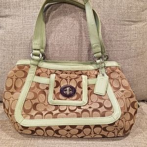 Coach 14×8in handbag. Tan with soft green details.
